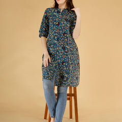 Bird Blue Printed Cotton Blend Ethnic A-Line Kurta