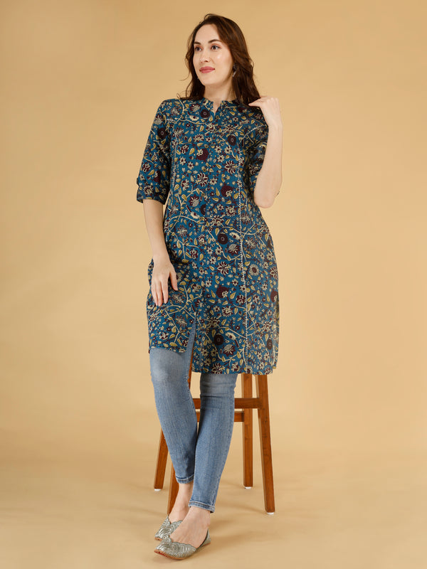 Bird Blue Printed Cotton Blend Ethnic A-Line Kurta