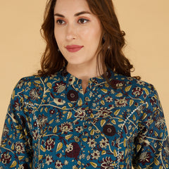 Bird Blue Printed Cotton Blend Ethnic A-Line Kurta