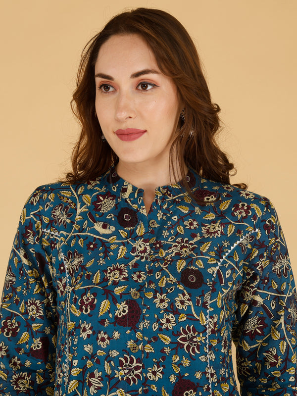 Bird Blue Printed Cotton Blend Ethnic A-Line Kurta