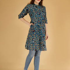 Bird Blue Printed Cotton Blend Ethnic A-Line Kurta