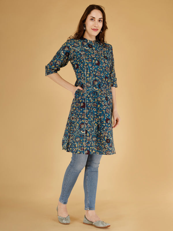 Bird Blue Printed Cotton Blend Ethnic A-Line Kurta