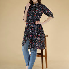 Bird Blue Printed Cotton Blend Ethnic A-Line Kurta