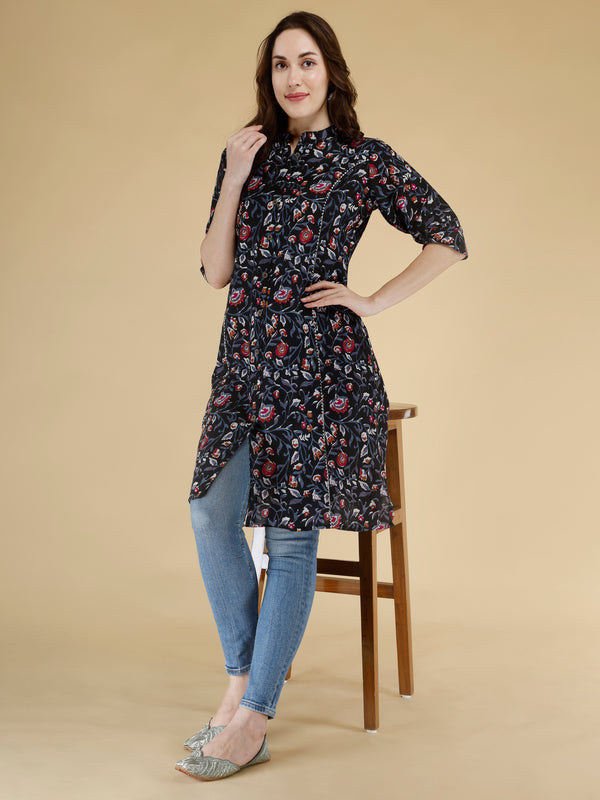 Bird Blue Printed Cotton Blend Ethnic A-Line Kurta