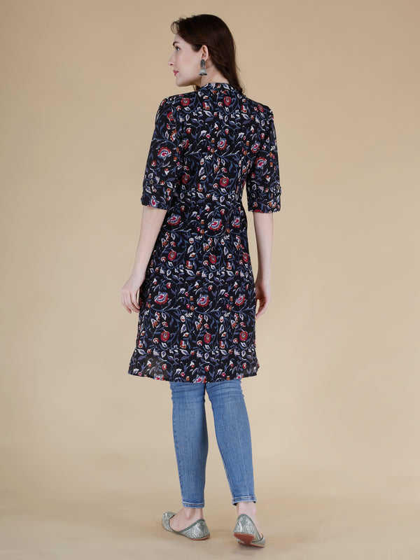 Bird Blue Printed Cotton Blend Ethnic A-Line Kurta