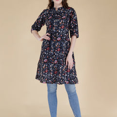 Bird Blue Printed Cotton Blend Ethnic A-Line Kurta