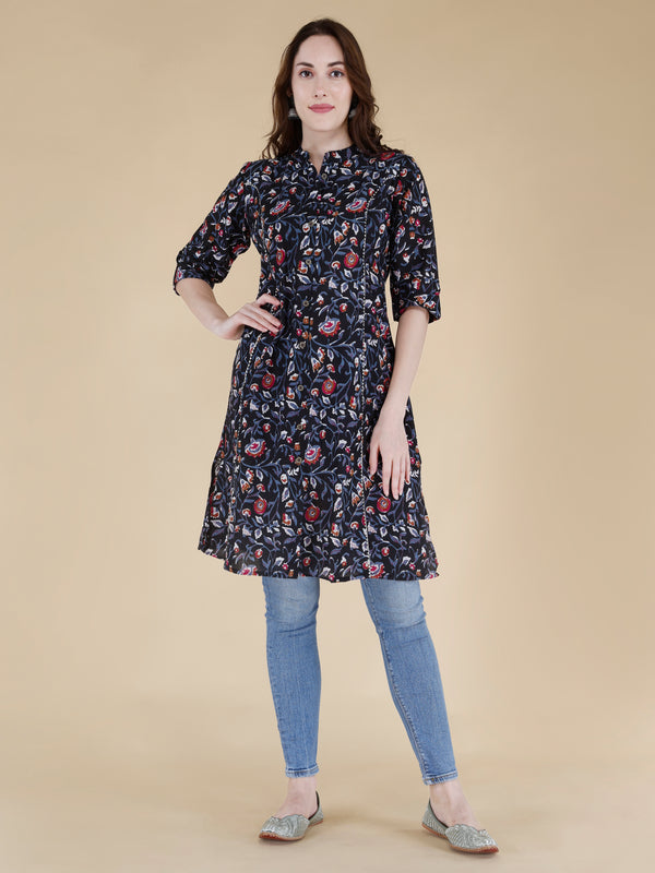 Bird Blue Printed Cotton Blend Ethnic A-Line Kurta