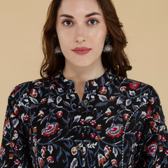 Bird Blue Printed Cotton Blend Ethnic A-Line Kurta