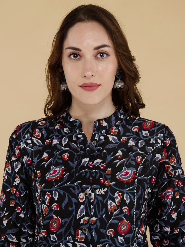 Bird Blue Printed Cotton Blend Ethnic A-Line Kurta