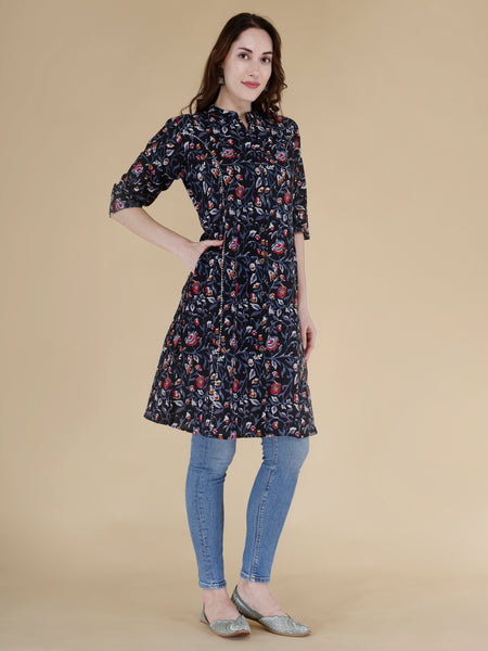 Black Gold Printed Cotton Blend Ethnic A-Line Kurta