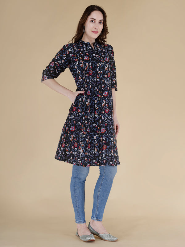 Bird Blue Printed Cotton Blend Ethnic A-Line Kurta