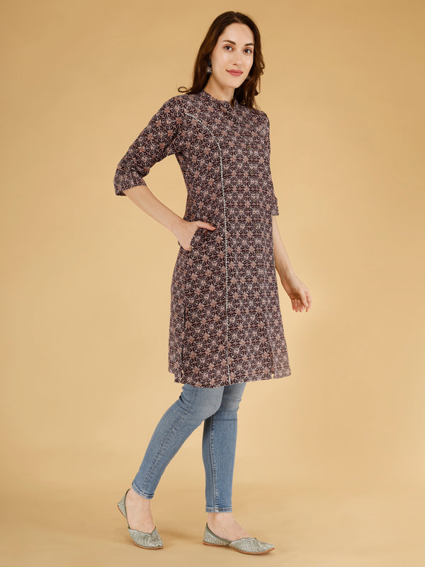 Maroon Printed Cotton Blend Ethnic A-Line Kurta
