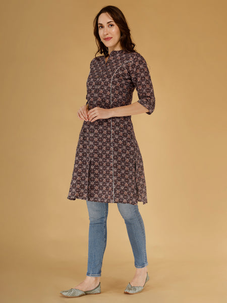 Coffee Printed Cotton Blend Ethnic A-Line Kurta
