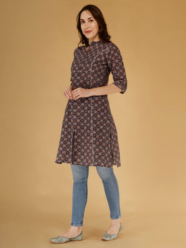 Maroon Printed Cotton Blend Ethnic A-Line Kurta