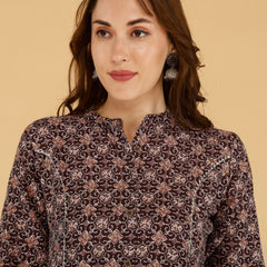 Maroon Printed Cotton Blend Ethnic A-Line Kurta