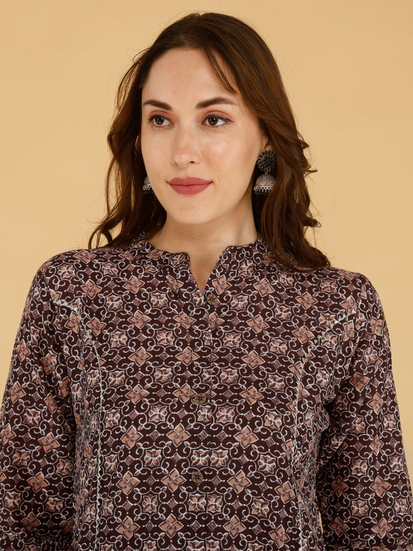 Maroon Printed Cotton Blend Ethnic A-Line Kurta