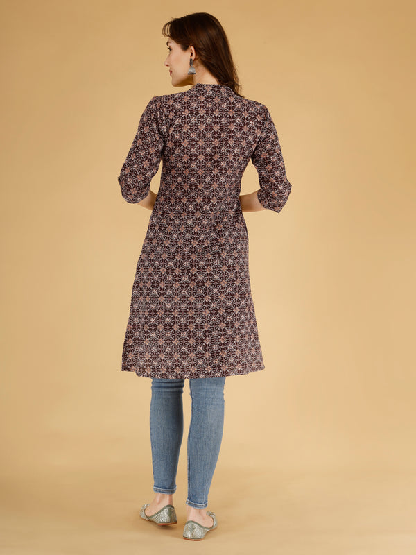 Maroon Printed Cotton Blend Ethnic A-Line Kurta