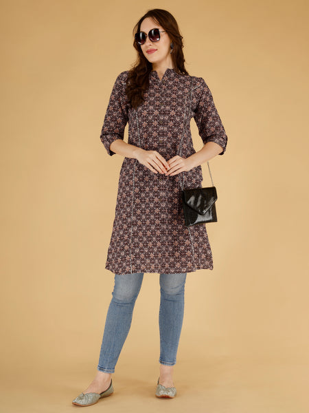 Coffee Printed Cotton Blend Ethnic A-Line Kurta