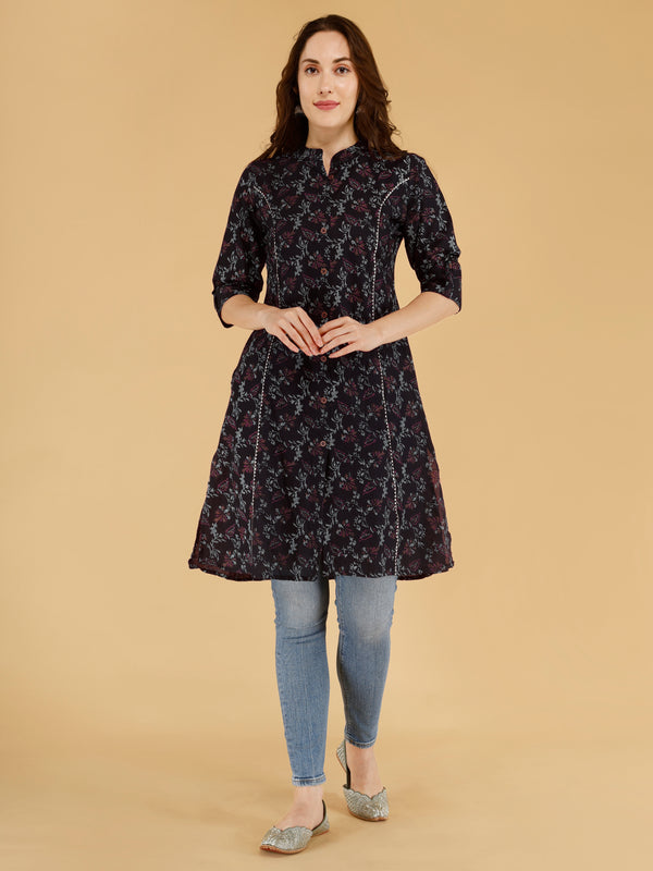 Pink Printed Cotton Blend Ethnic A-Line Kurta