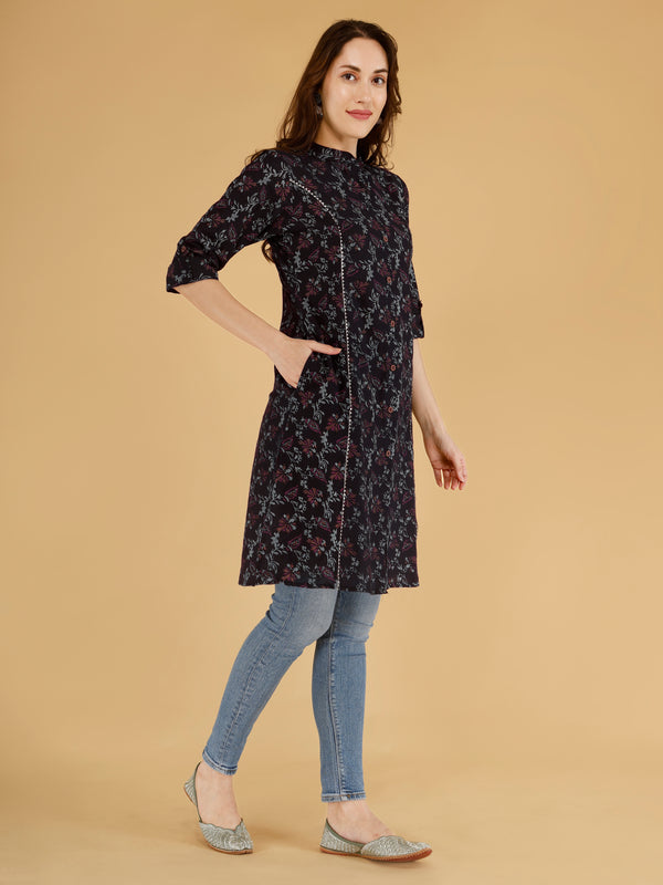Pink Printed Cotton Blend Ethnic A-Line Kurta