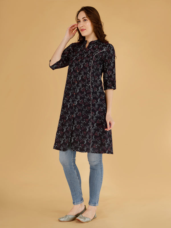 Pink Printed Cotton Blend Ethnic A-Line Kurta