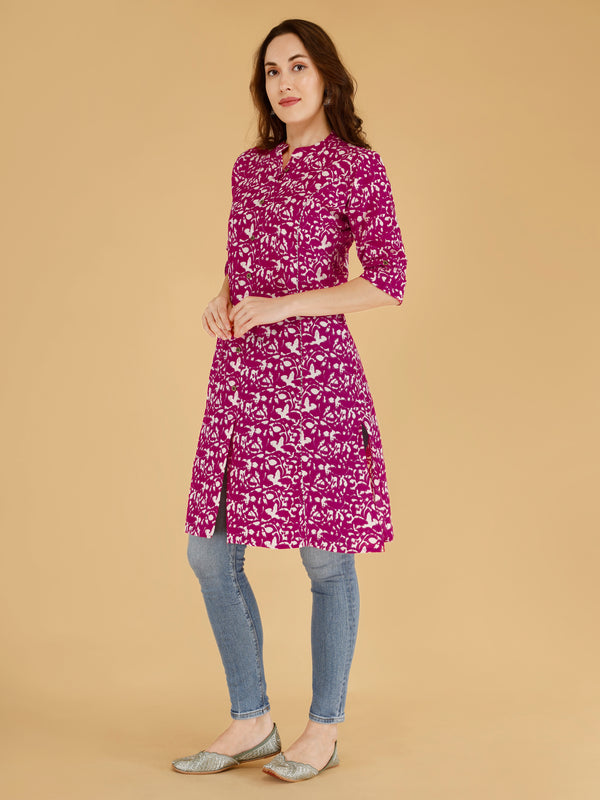 Pink Printed Cotton Blend Ethnic A-Line Kurta