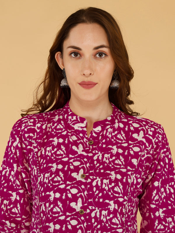 Pink Printed Cotton Blend Ethnic A-Line Kurta