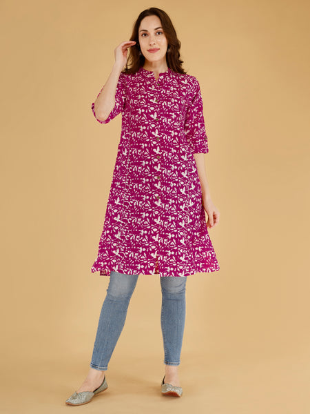 Pink Printed Cotton Blend Ethnic A-Line Kurta
