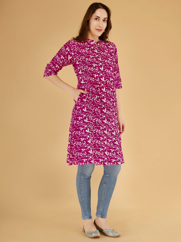 Pink Printed Cotton Blend Ethnic A-Line Kurta