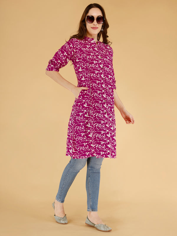 Pink Printed Cotton Blend Ethnic A-Line Kurta