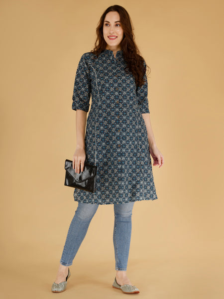 Teal Blue Printed Cotton Blend Ethnic A-Line Kurta