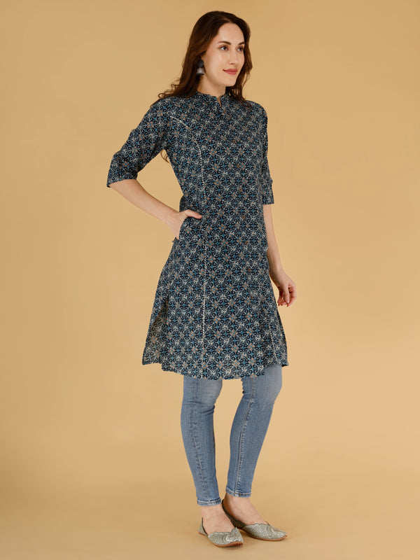 Maroon Printed Cotton Blend Ethnic A-Line Kurta