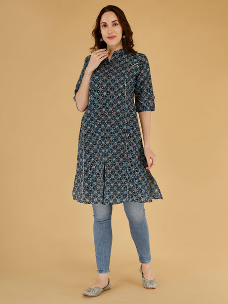 Teal Blue Printed Cotton Blend Ethnic A-Line Kurta