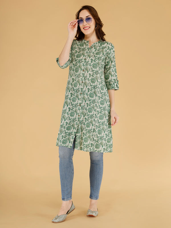 Pink Printed Cotton Blend Ethnic A-Line Kurta