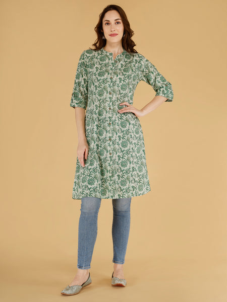 Pista Printed Cotton Blend Ethnic A-Line Kurta