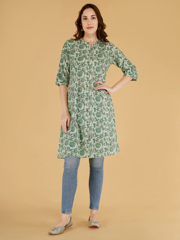 Pink Printed Cotton Blend Ethnic A-Line Kurta