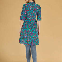 Bird Blue Printed Cotton Blend Ethnic A-Line Kurta