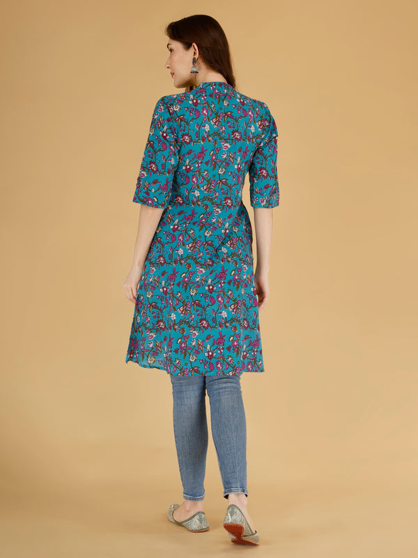 Bird Blue Printed Cotton Blend Ethnic A-Line Kurta