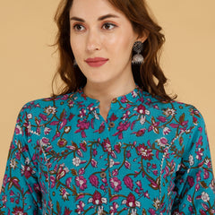 Bird Blue Printed Cotton Blend Ethnic A-Line Kurta
