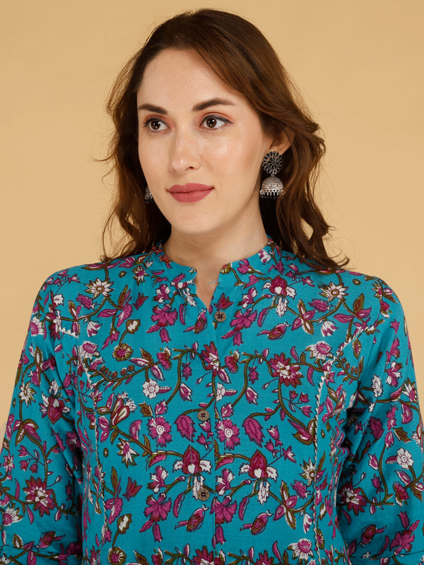 Bird Blue Printed Cotton Blend Ethnic A-Line Kurta