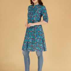 Bird Blue Printed Cotton Blend Ethnic A-Line Kurta