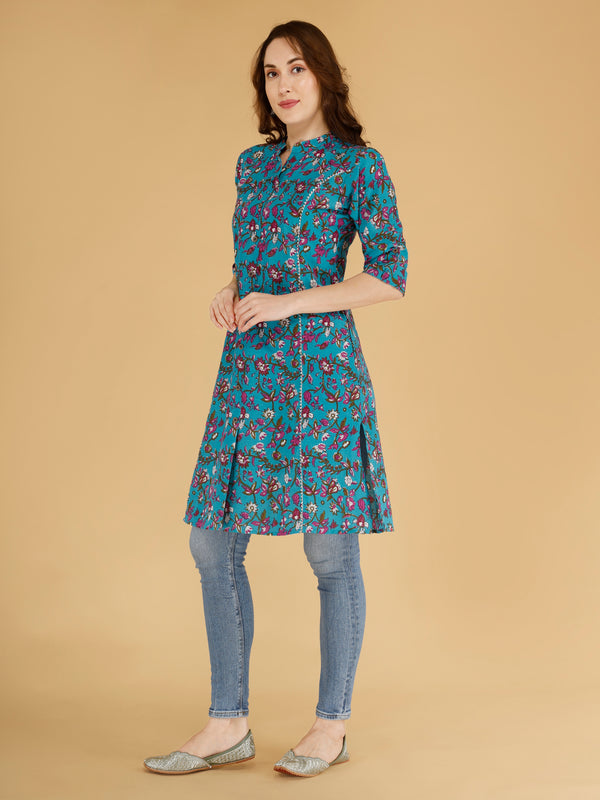 Bird Blue Printed Cotton Blend Ethnic A-Line Kurta