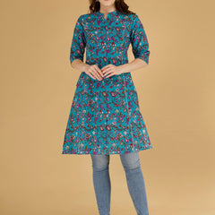 Bird Blue Printed Cotton Blend Ethnic A-Line Kurta