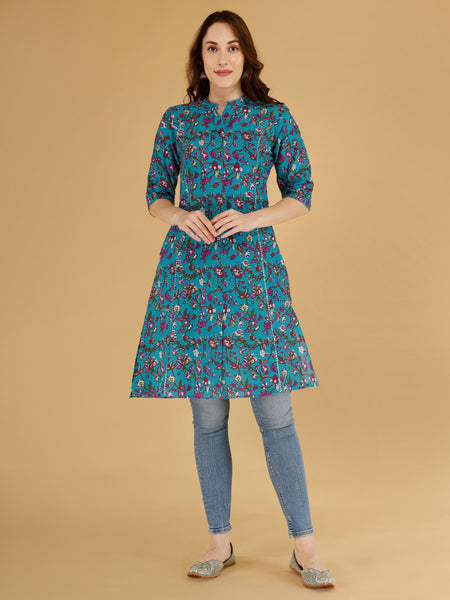 Sky Blue Printed Cotton Blend Ethnic A-Line Kurta