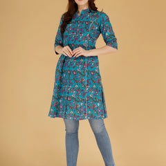 Bird Blue Printed Cotton Blend Ethnic A-Line Kurta