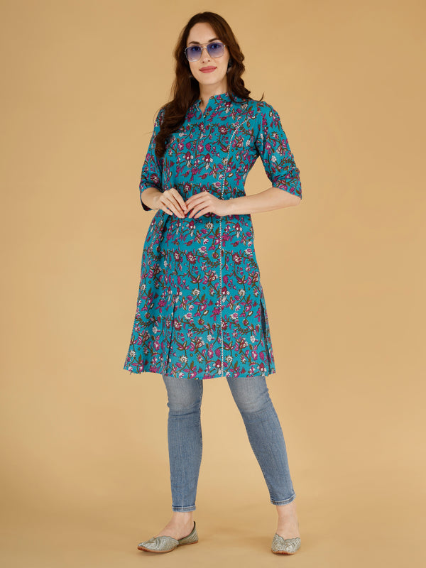 Bird Blue Printed Cotton Blend Ethnic A-Line Kurta