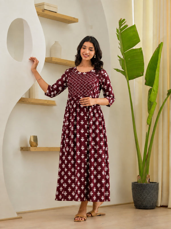Women's Floral & Zigzag Anarkali Maternity Feeding Dress