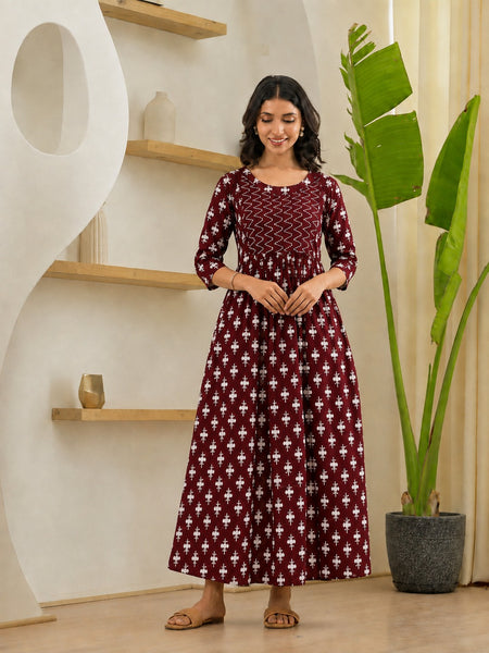 Women's Floral & Zigzag Anarkali Maternity Feeding Dress
