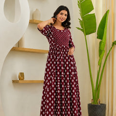 Women's Floral & Zigzag Anarkali Maternity Feeding Dress