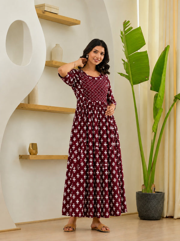 Women's Floral & Zigzag Anarkali Maternity Feeding Dress